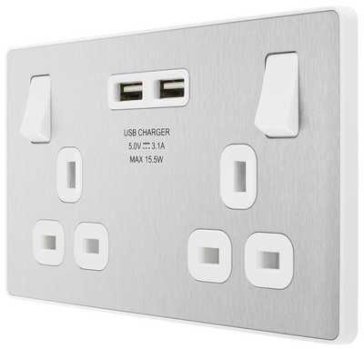 PCDBS22U3W Front - This Evolve Brushed Steel 13A double power socket from British General comes with two USB charging ports, allowing you to plug in an electrical device and charge mobile devices simultaneously without having to sacrifice a power socket.