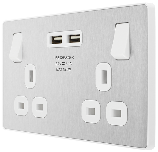 PCDBS22U3W Front - This Evolve Brushed Steel 13A double power socket from British General comes with two USB charging ports, allowing you to plug in an electrical device and charge mobile devices simultaneously without having to sacrifice a power socket.