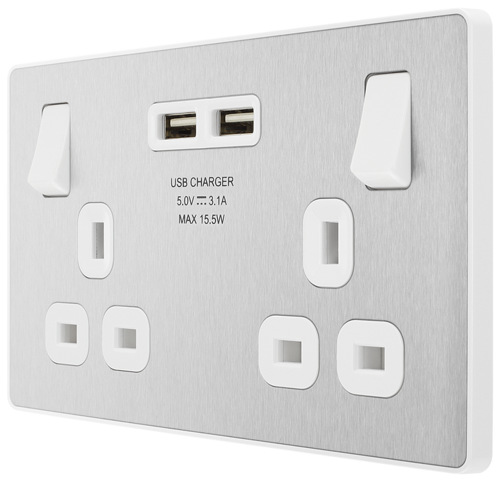 PCDBS22U3W Front - This Evolve Brushed Steel 13A double power socket from British General comes with two USB charging ports, allowing you to plug in an electrical device and charge mobile devices simultaneously without having to sacrifice a power socket.