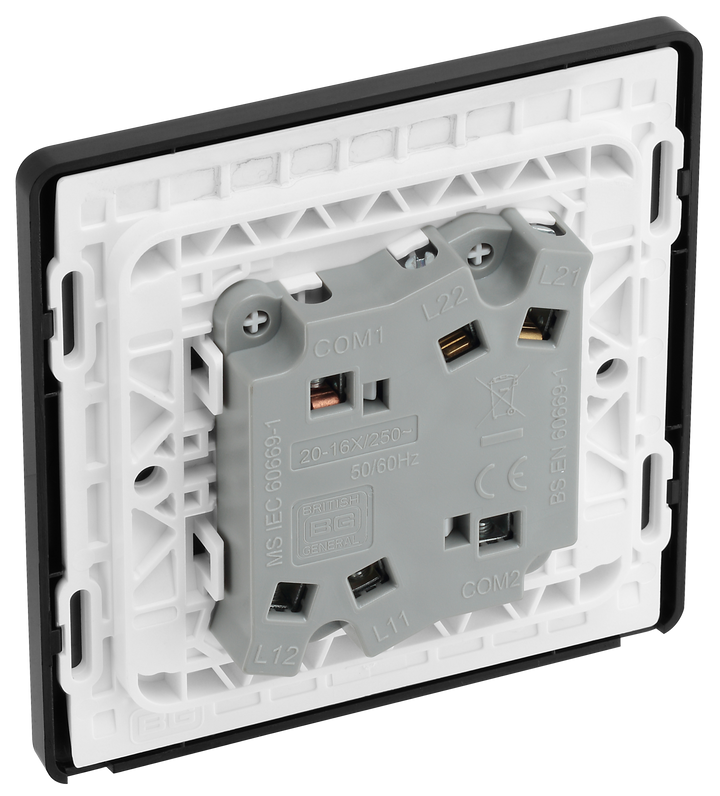 PCDDB42WB Back - This Evolve Matt Blue 20A 16AX double light switch from British General can operate 2 different lights, whilst the 2 way switching allows a second switch to be added to the circuit to operate the same light from another location (e.g. at the top and bottom of the stairs).