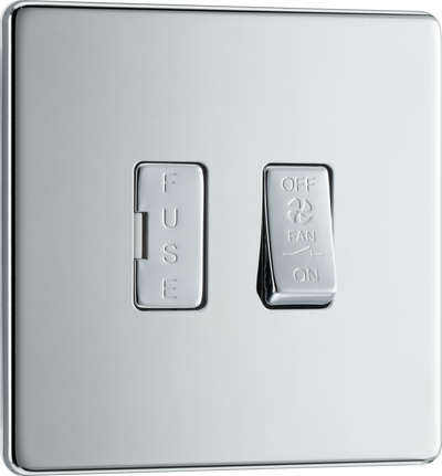 FPC15F Front - This Screwless Flatplate 10A triple pole fan isolator switch from British General has a separate fuse carrier and provides a safe and simple method of isolating mechanical fan units. The polished chrome finish frontplate clips on and off and sits flush against the wall, making it ideal for modern interiors.
