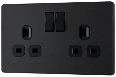 PCDMB22B Front - This Evolve Matt Black 13A double switched socket from British General has been designed with angled in line colour coded terminals and backed out captive screws for ease of installation, and fits a 25mm back box making it an ideal retro-fit replacement for existing sockets.