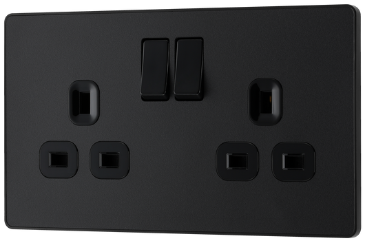 PCDMB22B Front - This Evolve Matt Black 13A double switched socket from British General has been designed with angled in line colour coded terminals and backed out captive screws for ease of installation, and fits a 25mm back box making it an ideal retro-fit replacement for existing sockets.