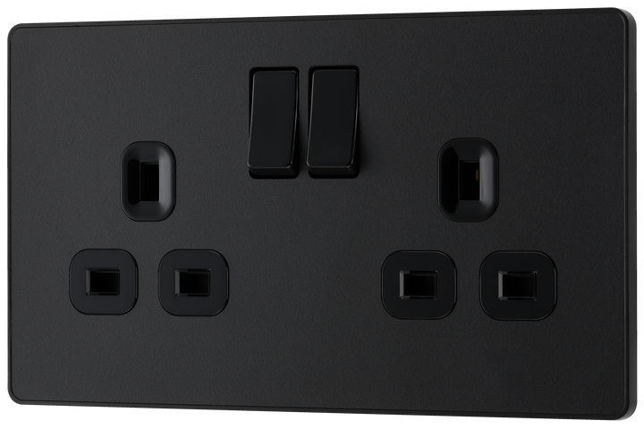 PCDMB22B Front - This Evolve Matt Black 13A double switched socket from British General has been designed with angled in line colour coded terminals and backed out captive screws for ease of installation, and fits a 25mm back box making it an ideal retro-fit replacement for existing sockets.