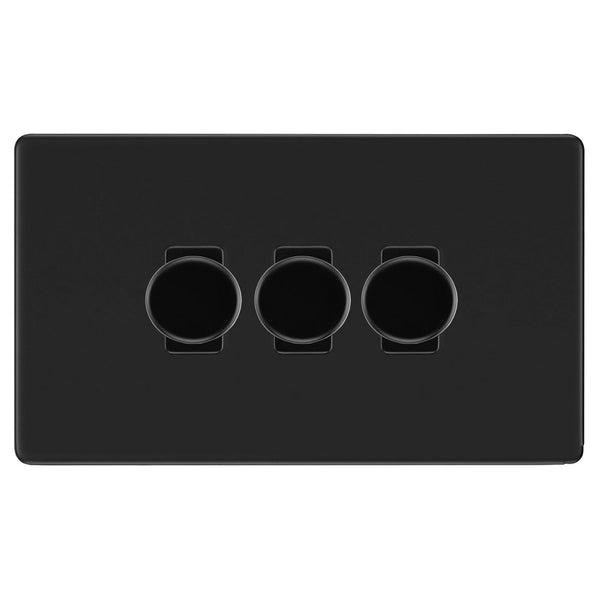 BG Screwless Flatplate Matt Black 3 Gang 2 Way Trailing Edge Dimmer LED Compatible Custom Grid Switch - FFB83