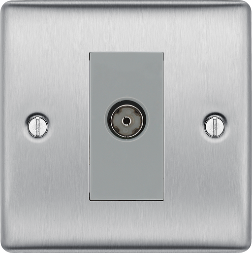 NBS62 Front - This single isolated coaxial socket from British General can be used for TV or FM aerial connections. An isolated aerial connection is ideal for use where a communal dish or aerial is used such as in a block of flats.