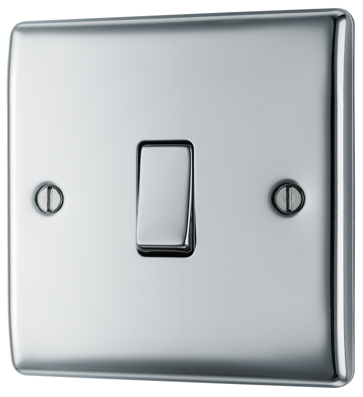 NPC13 Front - This polished chrome finish 20A 16AX intermediate light switch from British General should be used as the middle switch when you need to operate one light from 3 different locations such as either end of a hallway and at the top of the stairs.