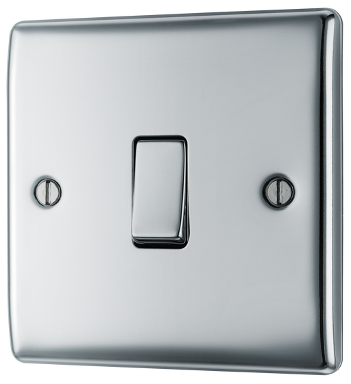 NPC13 Front - This polished chrome finish 20A 16AX intermediate light switch from British General should be used as the middle switch when you need to operate one light from 3 different locations such as either end of a hallway and at the top of the stairs.
