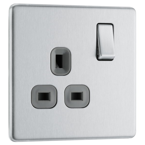 FBS21G Front - This Screwless Flat plate brushed steel finish 13A single switched socket from British General has a sleek flat profile that clips on and off for a screwless appearance and an anti-fingerprint lacquer with no visible plastic around the switch for a premium finish.