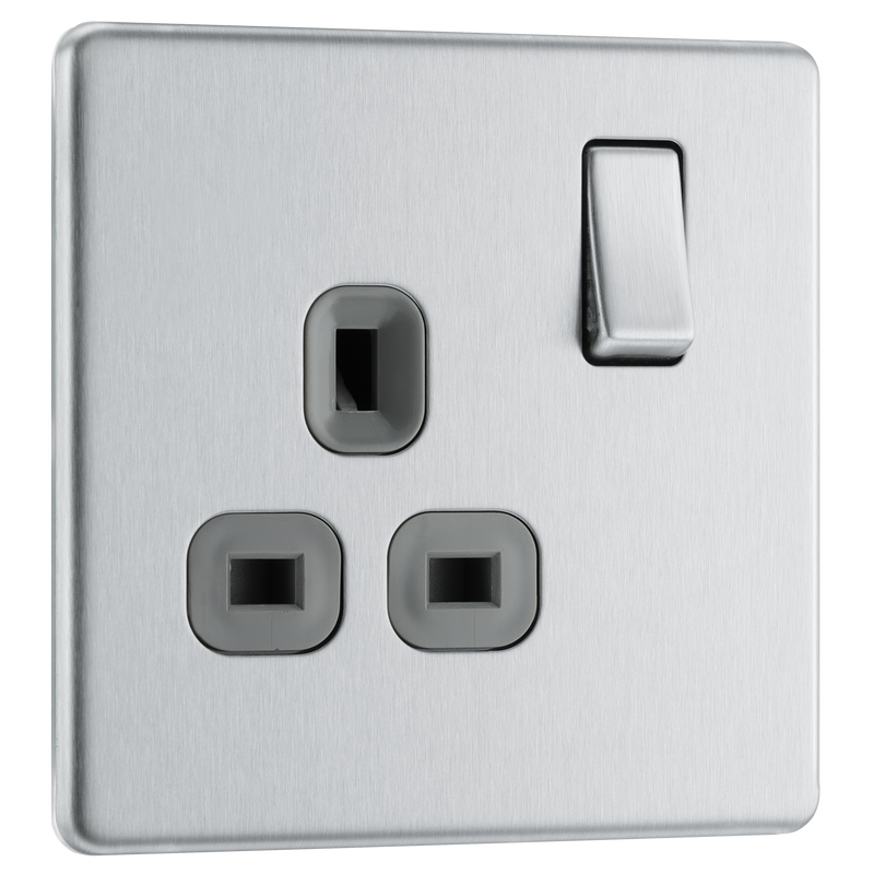 BG Electrical FBS21G Nexus Screwless Flat-Plate Single Switched Plug Socket Brushed Steel Grey Insert 13A