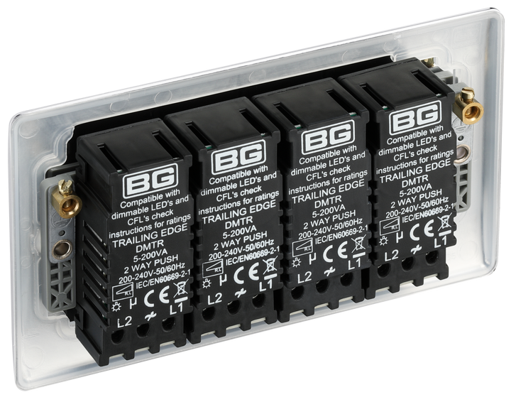 NPC84 Back - This trailing edge quadruple dimmer switch from British General allows you to control your light levels and set the mood. The intelligent electronic circuit monitors the connected load and provides a soft-start with protection against thermal.