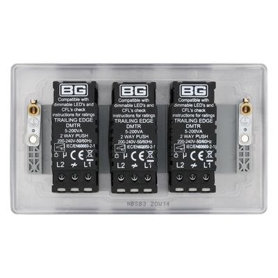 BG Nexus Brushed Steel 200W 2-Way 3 Gang Trailing Edge Push Dimmer & Surface Pattress Back Box