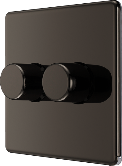 FBN82 Side - This trailing edge double dimmer switch from British General allows you to control your light levels and set the mood. The intelligent electronic circuit monitors the connected load and provides a soft-start with protection against thermal, current and voltage overload.