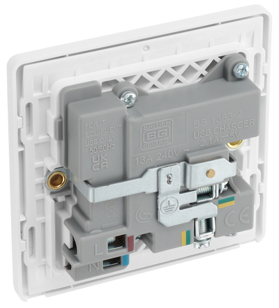  PCDCL21U2W Back - This Evolve pearlescent white 13A single power socket from British General comes with two USB charging ports, allowing you to plug in an electrical device and charge mobile devices simultaneously without having to sacrifice a power socket.