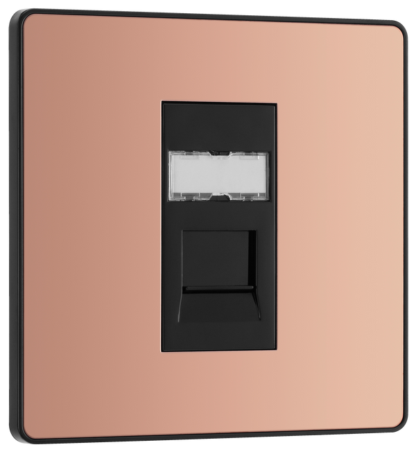  PCDCPRJ451B Front - This Evolve Polished Copper RJ45 ethernet socket from British General uses an IDC terminal connection and is ideal for home and office, providing a networking outlet with ID window for identification.