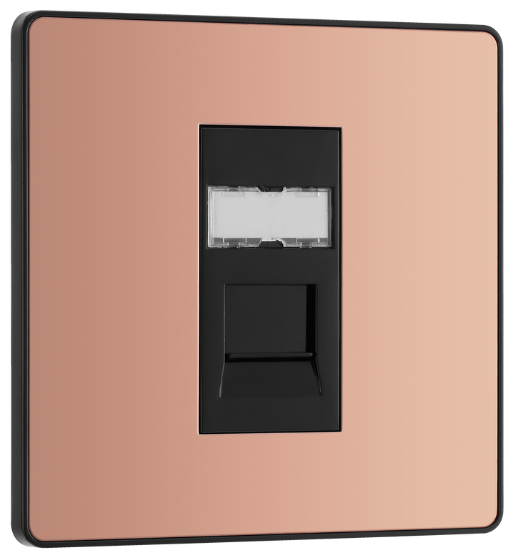  PCDCPRJ451B Front - This Evolve Polished Copper RJ45 ethernet socket from British General uses an IDC terminal connection and is ideal for home and office, providing a networking outlet with ID window for identification.