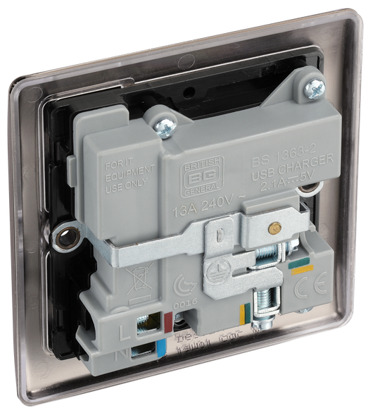 NBN21U2B Back - This 13A single power socket from General comes with two USB charging ports allowing you to plug in an electrical device and charge mobile devices simultaneouslBritish y without having to sacrifice a power socket.