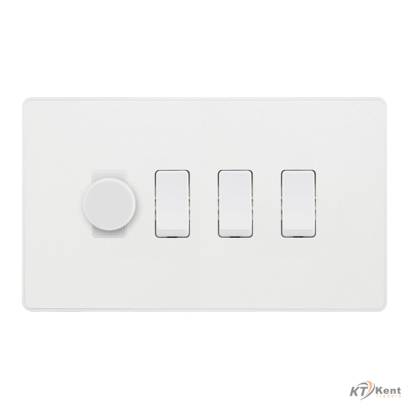 BG Evolve Pearlescent White 4 Gang Switch 1x Dual Mode LED Dimmer 3x Intermediate Custom Grid Switch