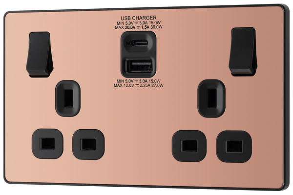 PCDCP22UAC30B Front - This Evolve Polished Copper 13A power socket from British General with integrated fast charge USB-A and USB-C ports delivers a 50% charge to mobile phones in just 30 minutes.  