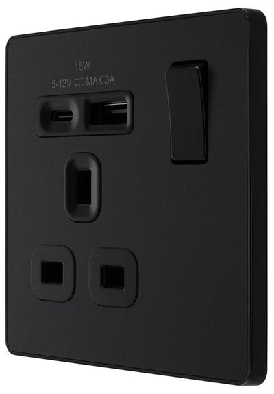 BG PCDMB21UAC18B Evolve | Matt Black - Black Insert |1 Gang 13A Single Pole 1x USB-A 1x USB-C Switched Socket by British General (BG-PCDMB21UAC18B)