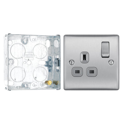 BG Nexus Metal Brushed Steel 13A Single Socket NBS21G with 25mm Steel Back Box by British General (BG-NBS21G+HGS02)