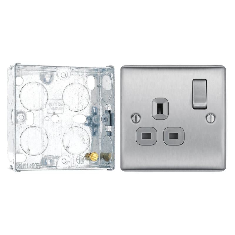 BG Nexus Metal Brushed Steel 13A Single Socket NBS21G with 25mm Steel Back Box
