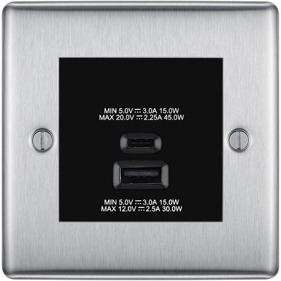 BG Nexus Brushed Steel 45W USB Wall Socket Euro Module USB-A & C - Black Insert by British General (BG-NBSEMS2+EMUSBAC45B)