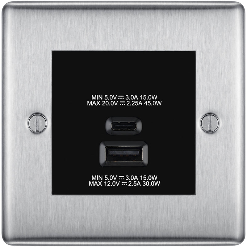 BG Nexus Brushed Steel 45W USB Wall Socket Euro Module USB-A & C - Black Insert
