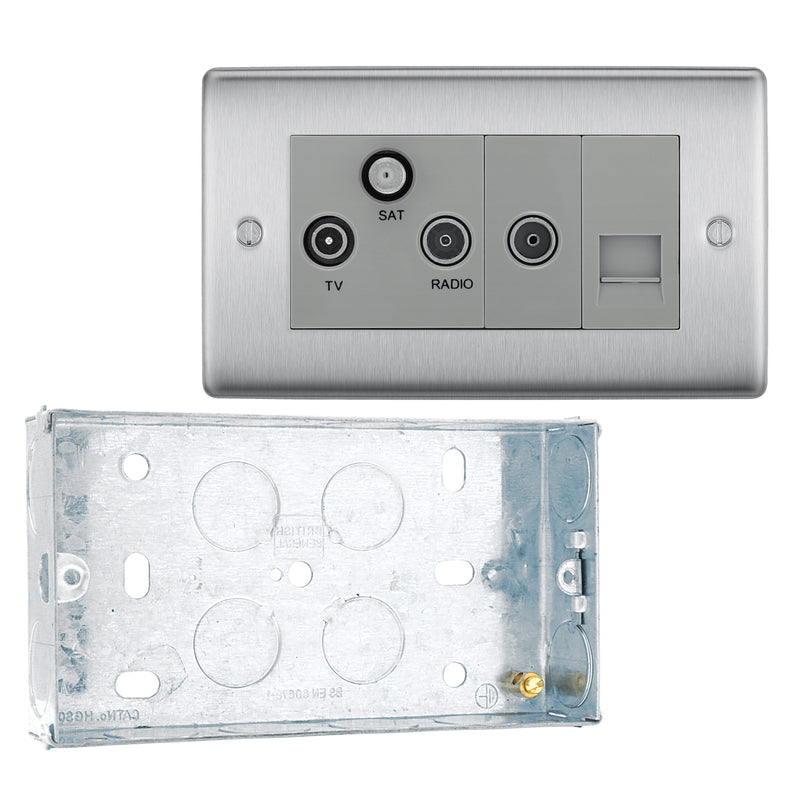 BG Nexus Brushed Steel Triplex TV/FM/Sat Socket + Return & Tel. NBS68 with 25mm Steel Back Box