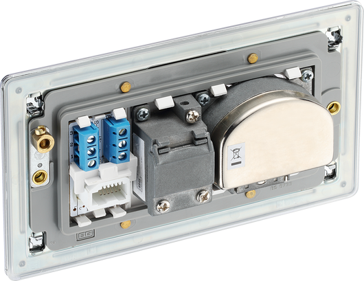 FPC69 Back - This screened Quadplex socket from General has an outlet for TV FM and 2 satellites, plus a return British and shuttered telephone socket.