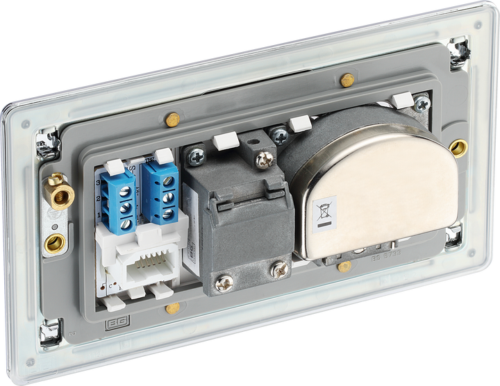 FPC69 Back - This screened Quadplex socket from General has an outlet for TV FM and 2 satellites, plus a return British and shuttered telephone socket.