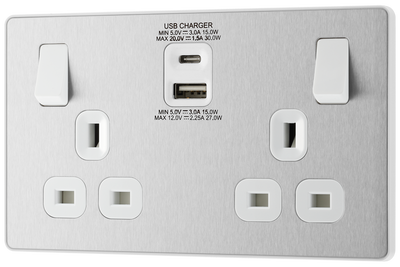 PCDBS22UAC30W Front - This Evolve Brushed Steel 13A power socket from British General with integrated fast charge USB-A and USB-C ports delivers a 50% charge to mobile phones in just 30 minutes.