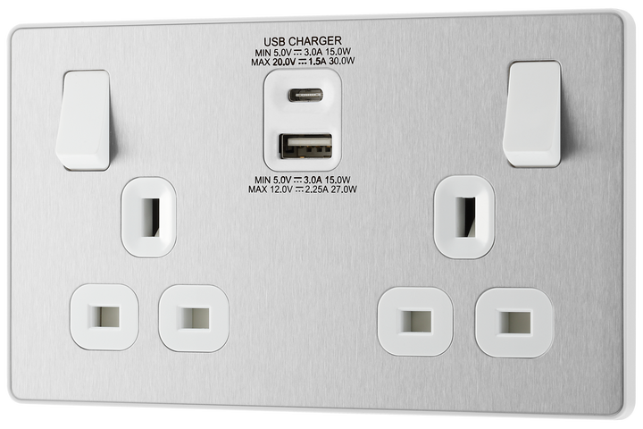 PCDBS22UAC30W Front - This Evolve Brushed Steel 13A power socket from British General with integrated fast charge USB-A and USB-C ports delivers a 50% charge to mobile phones in just 30 minutes.