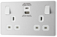 PCDBS22UAC30W Front - This Evolve Brushed Steel 13A power socket from British General with integrated fast charge USB-A and USB-C ports delivers a 50% charge to mobile phones in just 30 minutes.