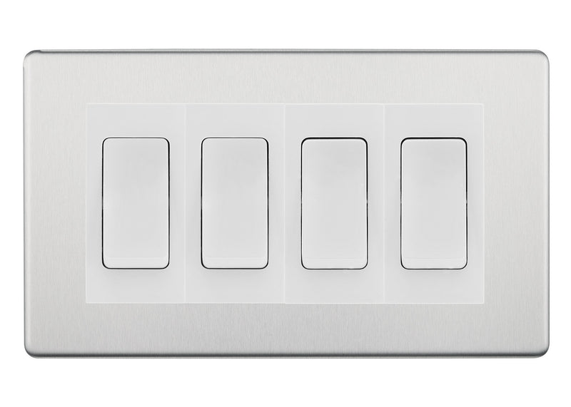 BG Brushed Steel Screwless 4 Gang Intermediate Light Switch Custom Grid - White Insert