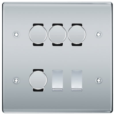 BG Nexus Polished Chrome 6 Gang Switch 4x Trailing Edge LED Dimmer 2x Intermediate Grid Switch by British General (BG-Nexus-PC-6G-CUSTOM-4x-Dimmer-2x-INT)
