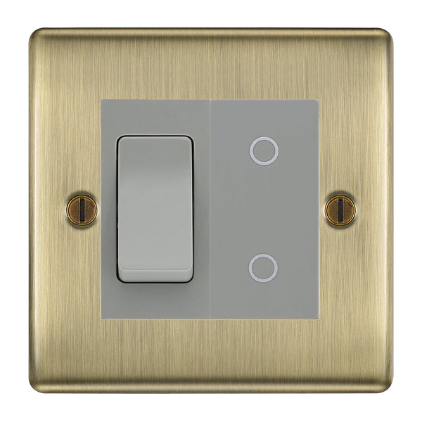 BG Antique Brass 2 Gang Custom Switch 1x 2 Way Switch 1x Master Touch Dimmer Grey Inserts