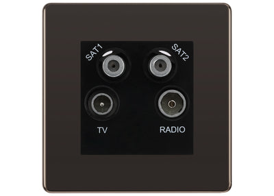 BG Screwless Black Nickel TV/FM/2x SAT Quadplex Socket – Black Insert by British General (BG-FBNTVFMSAT2B)
