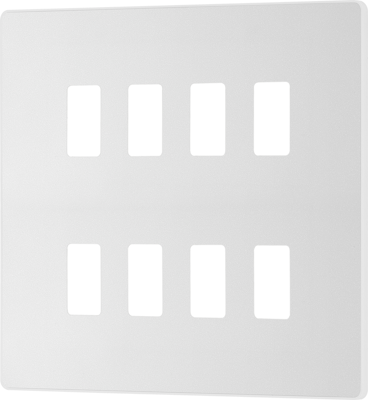 RPCDCL8W Front - The Grid modular range from British General allows you to build your own module configuration with a variety of combinations and finishes. This pearlescent white finish Evolve front plate clips on for a seamless finish, and can accommodate 8 Grid modules - ideal for commercial applications.