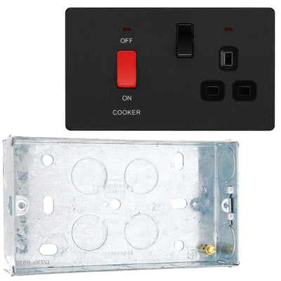 BG Evolve Matt Black 45A Switch 13A Switched Socket Cooker Control Unit PCDMB70B with 25mm Steel Back Box