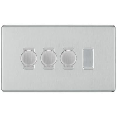 BG Screwless Brushed Steel 4 Gang Switch 3x Trailing Edge LED Dimmer 1x Intermediate Custom Grid Switch by British General (BG-SCRL-BS-4G-CUSTOM-3x-Dimmer-1x-INT)