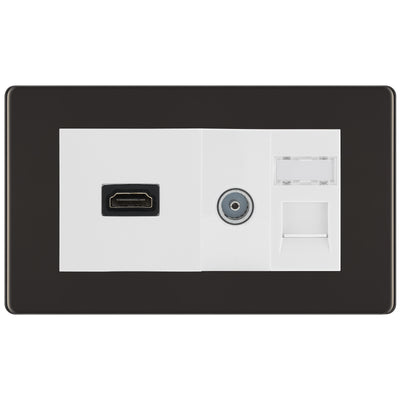 BG Screwless Black Nickel Media Wall Plate TV Aerial, HDMI & CAT6 Outlet – White Insert by British General