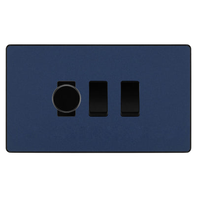 BG Evolve Matt Blue 3 Gang Switch 1x Trailing Edge LED Dimmer 2x Intermediate Custom Grid Switch by British General (BG-Evolve-DB-3G-CUSTOM-1x-Dimmer-2x-INT)