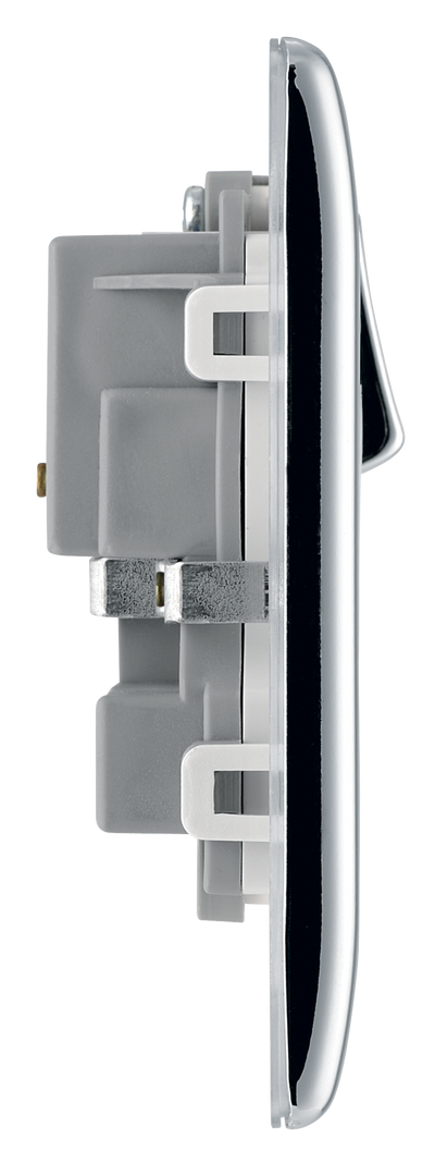 NPC22W Side - This polished chrome finish 13A double switched socket from British General has a sleek and slim profile, with softly rounded edges and no visible plastic around the switch to add a touch of luxury to your decor.