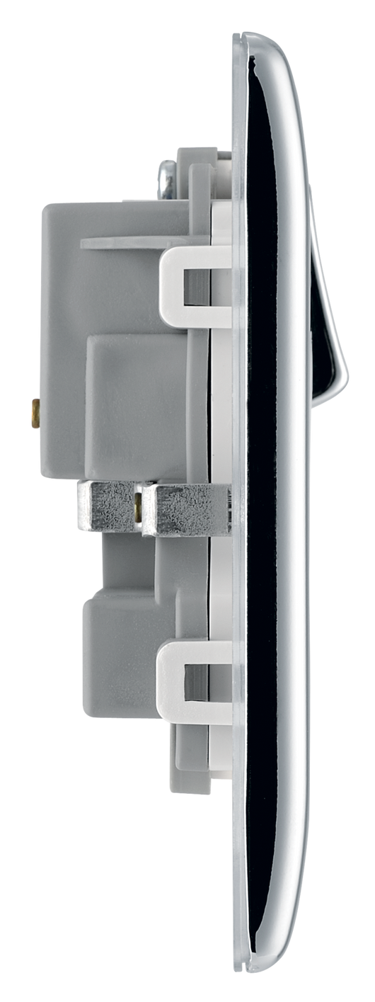 NPC22W Side - This polished chrome finish 13A double switched socket from British General has a sleek and slim profile, with softly rounded edges and no visible plastic around the switch to add a touch of luxury to your decor.