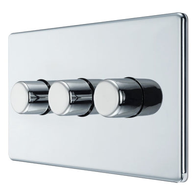 BG Screwless Polished Chrome 200W 2 Way Triple Trailing Edge Dimmer Switch FPC83 with 25mm Steel Back Box