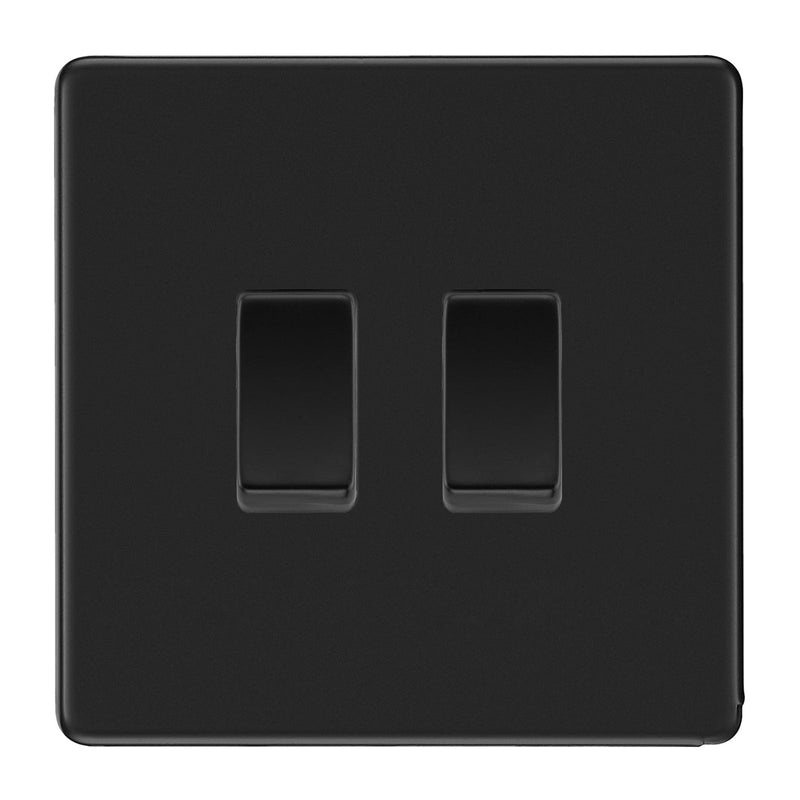 BG Screwless Matt Black 2 Gang Switch 1x Intermediate 1x 2 Way Grid Light Switch