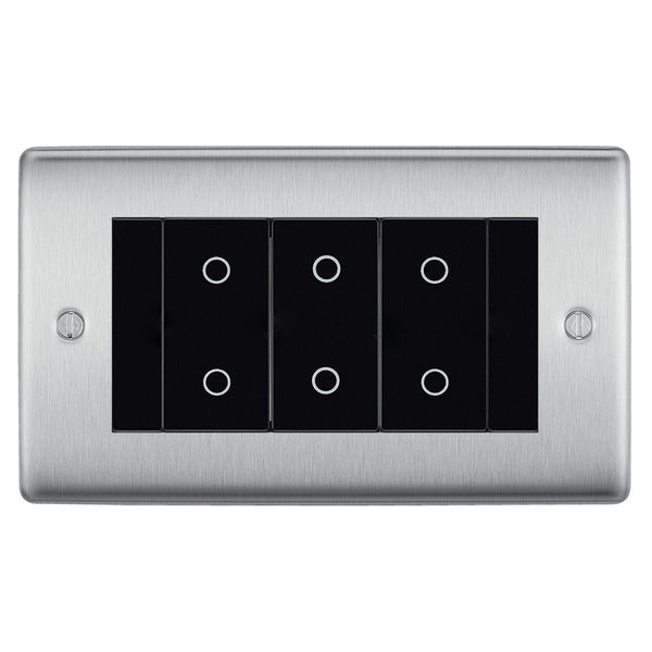 BG Nexus Brushed Steel Triple Master Touch Dimmer Switch Black Inserts NBSTDM3B