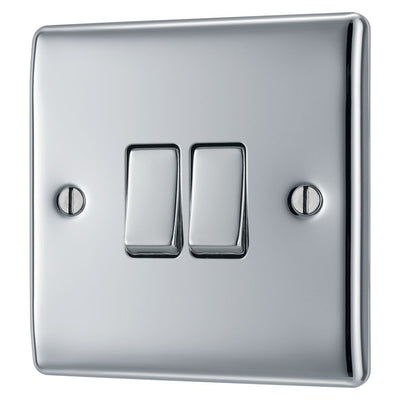 BG Nexus Polished Chrome 20A 16AX 2 Way Double Light Switch NPC42 with 35mm Steel Back Box
