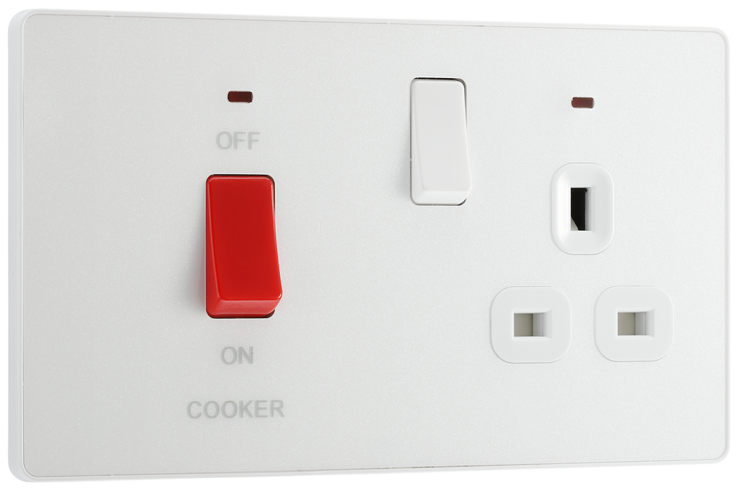 BG PCDCL70W Pearlescent White Evolve 45A 2 Pole Cooker Control Unit 13A Switched Socket - White Insert